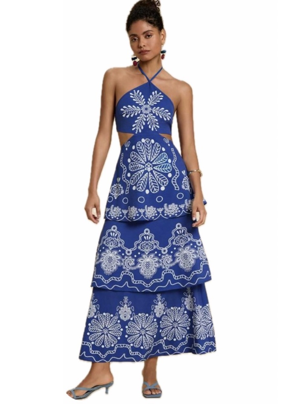 Blue Tropical Print Tiered Layered Summer Vacation Maxi Dress with Halter Top